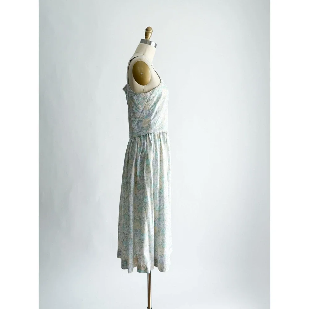 Vintage Floral Midi Dress Cottagecore Pastel Dropped Waist Sweetheart Blue Green